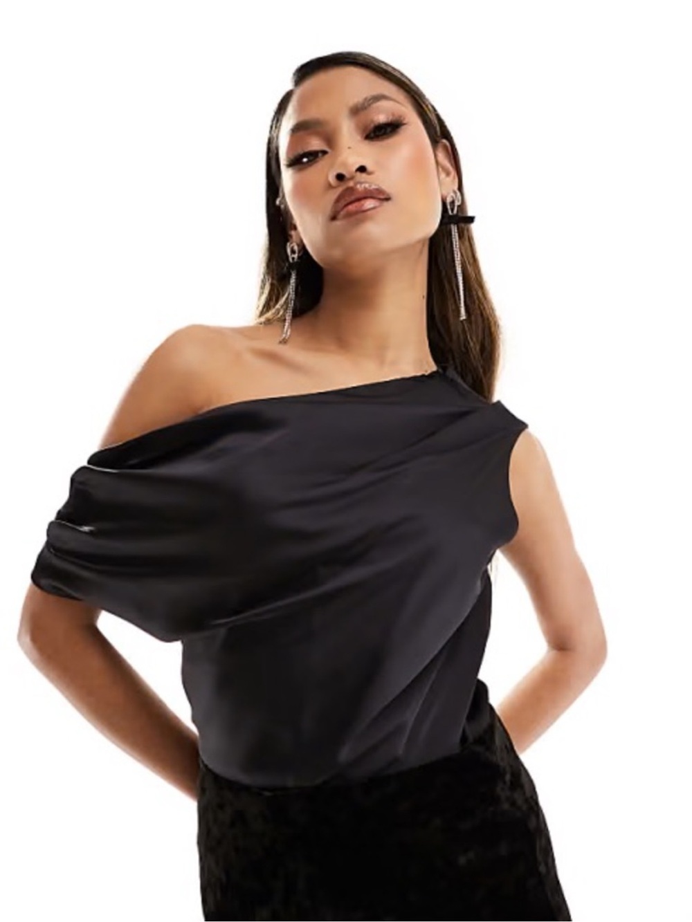 Abercrombie & Fitch Black One-Shoulder Draped Satin Top